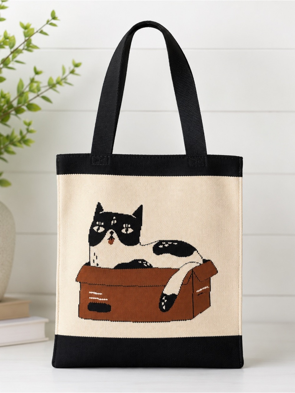 NWT Cat Tote Bag Knit Tapestry Tote Black & White Cat in Box